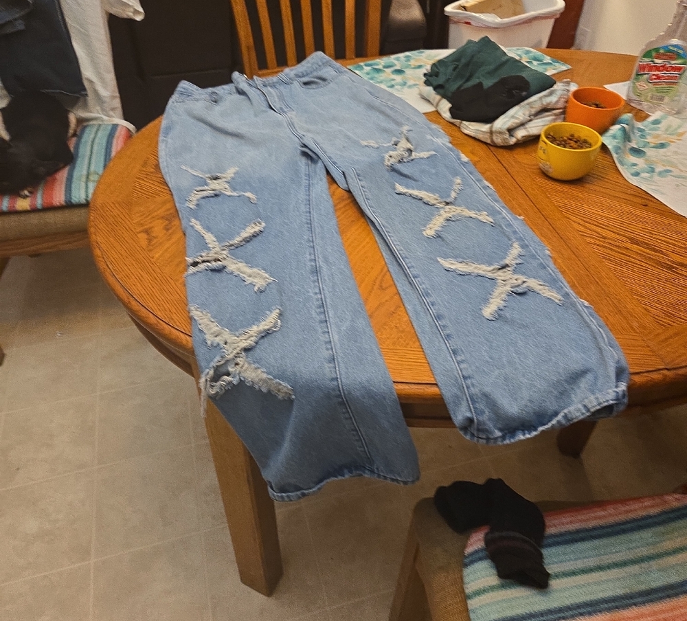 Stylish Blue Straight Leg Jeans with Distressed X Pattern